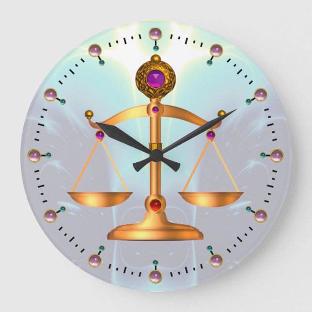 GOLD SCALES OF LAW WITH GEM STONES ,Justice Symbol Large Clock (Front)