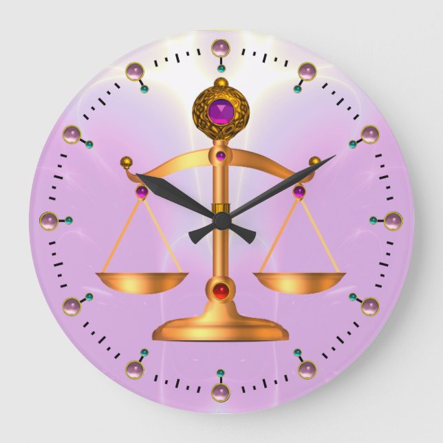 GOLD SCALES OF LAW WITH GEM STONES ,Justice Symbol Large Clock (Front)