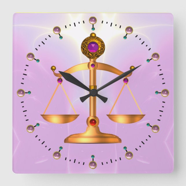 GOLD SCALES OF LAW WITH GEM STONES ,Justice Symbol Square Wall Clock (Front)