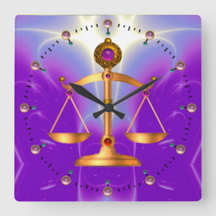 GOLD SCALES OF LAW WITH GEM STONES ,Justice Symbol Square Wall Clock