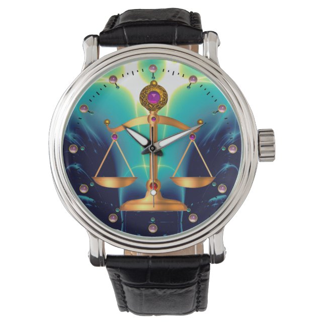 GOLD SCALES OF LAW WITH GEM STONES ,Justice Symbol Watch (Front)