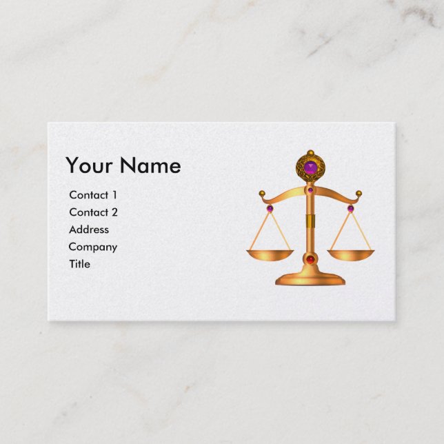 GOLD SCALES OF LAW WITH GEM STONES MONOGRAM, Black Business Card (Front)