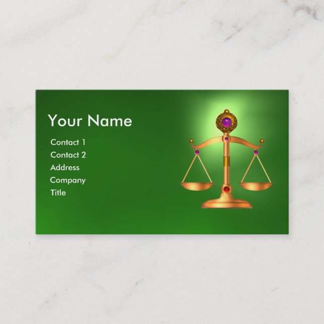 GOLD SCALES OF LAW WITH GEM STONES MONOGRAM Green Business Card (Front)
