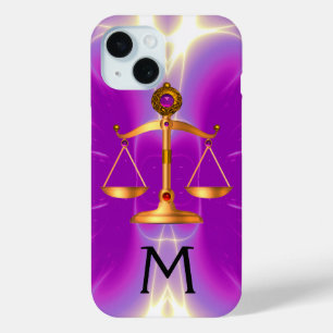 GOLD SCALES OF LAW WITH GEM STONES MONOGRAM Pink iPhone 15 Case