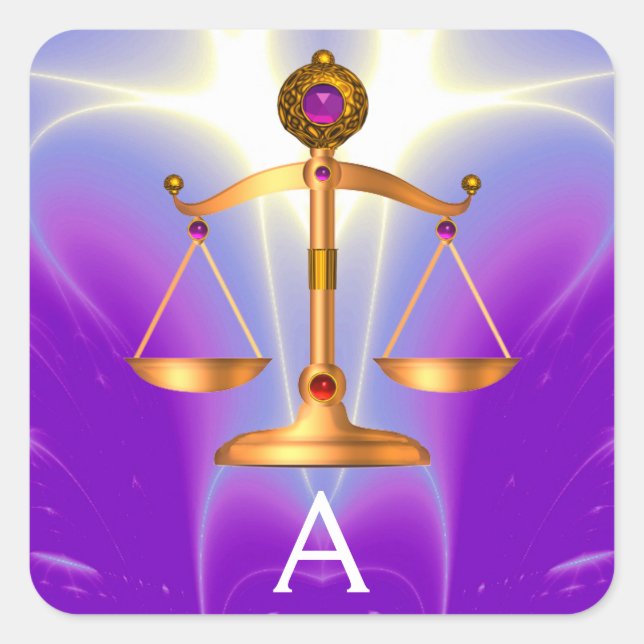 GOLD SCALES OF LAW WITH GEM STONES MONOGRAM SQUARE STICKER (Front)