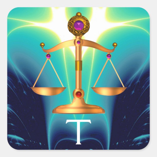 GOLD SCALES OF LAW WITH GEM STONES MONOGRAM SQUARE STICKER (Front)
