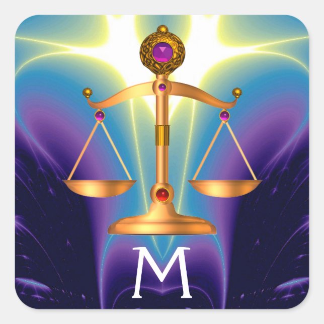 GOLD SCALES OF LAW WITH GEM STONES MONOGRAM SQUARE STICKER (Front)