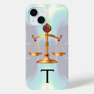 GOLD SCALES OF LAW WITH GEM STONES MONOGRAM Teal iPhone 15 Case