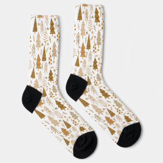 Gold Scandinavian Christmas Trees Pattern Socks