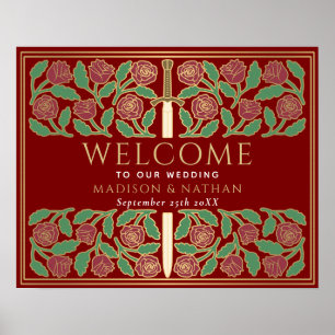 Gold Scarlet Floral Sword Wedding Welcome Sign