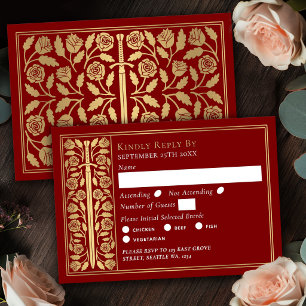 Gold Scarlet Medieval Sword Wedding RSVP Card