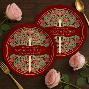 Gold Scarlet Royal Medieval Floral Sword Wedding Paper Plate