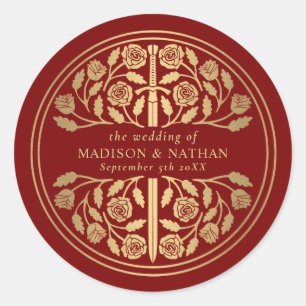 Gold Scarlet Royal Medieval Sword Wedding  Classic Round Sticker
