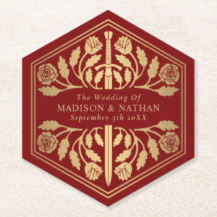 Gold Scarlet Royal Medieval Sword Wedding Paper Coaster