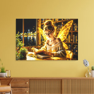 Gold scholarly fairy golden wings cozy library canvas print