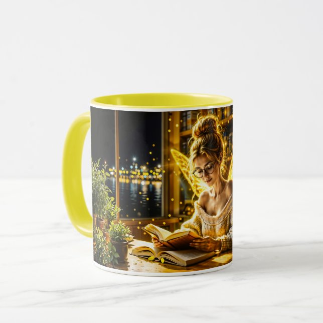 Gold scholarly fairy golden wings cozy library mug (Front Left)