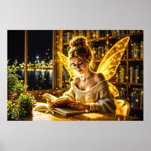 Gold scholarly fairy golden wings cozy library poster