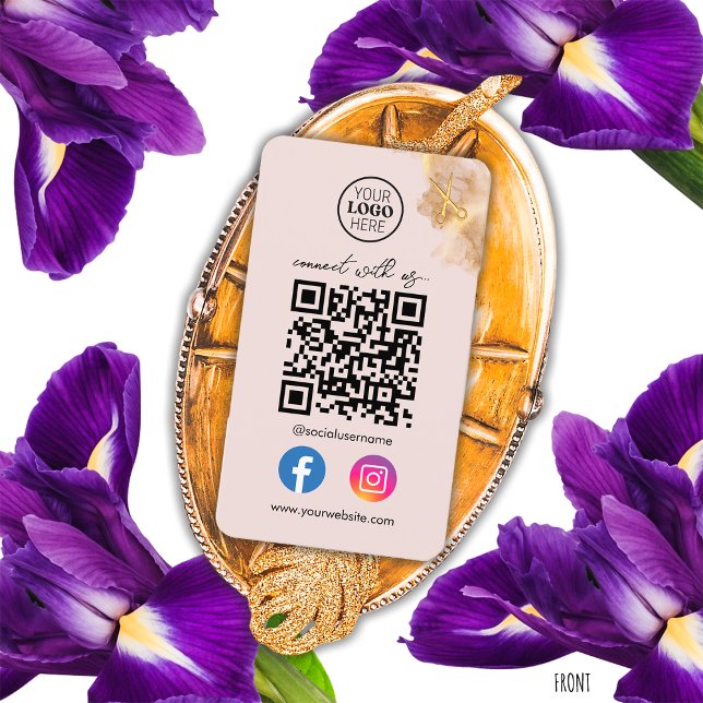 Gold Scissors Connect With Us Social Media QR Code Business Card (Creator Uploaded)