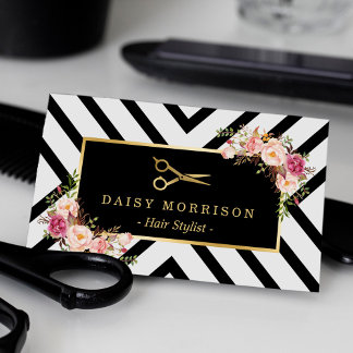 Gold Scissors Floral Hair Stylist Beauty Salon Business Card