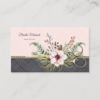 Gold Scissors Floral Pink Grey Linen Hair Stylist Business Card