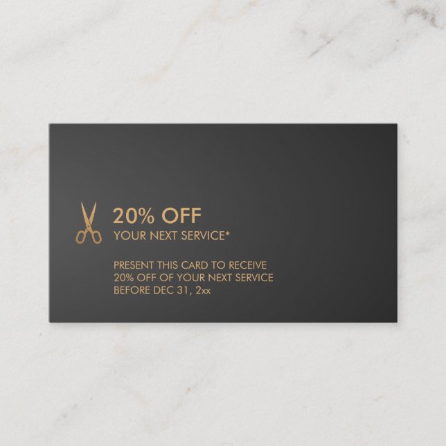Gold Scissors Hair Stylist Black Gradient Discount Business Card (Front)