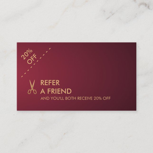 Gold Scissors Hair Stylist Wine Gradient Referral Business Card (Front)