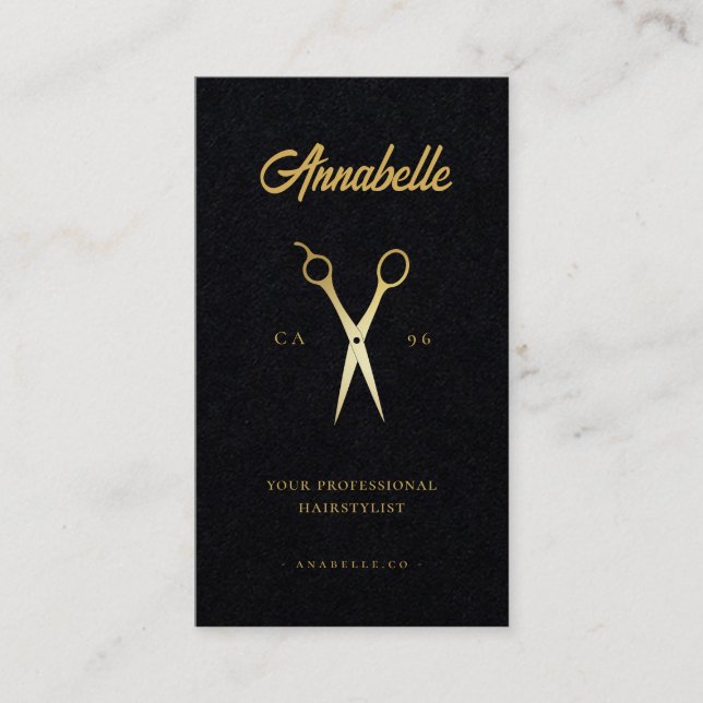 Gold Scissors Hairstylist Salon Barbershop Qr Code Business Card (Front)