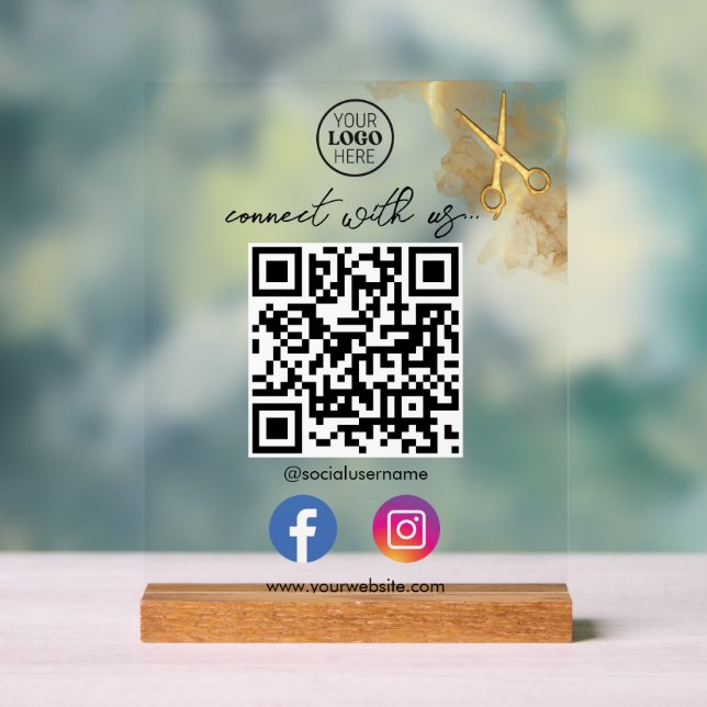 Gold Scissors Metal Business Card With QR Code Acrylic Sign (Neutral)