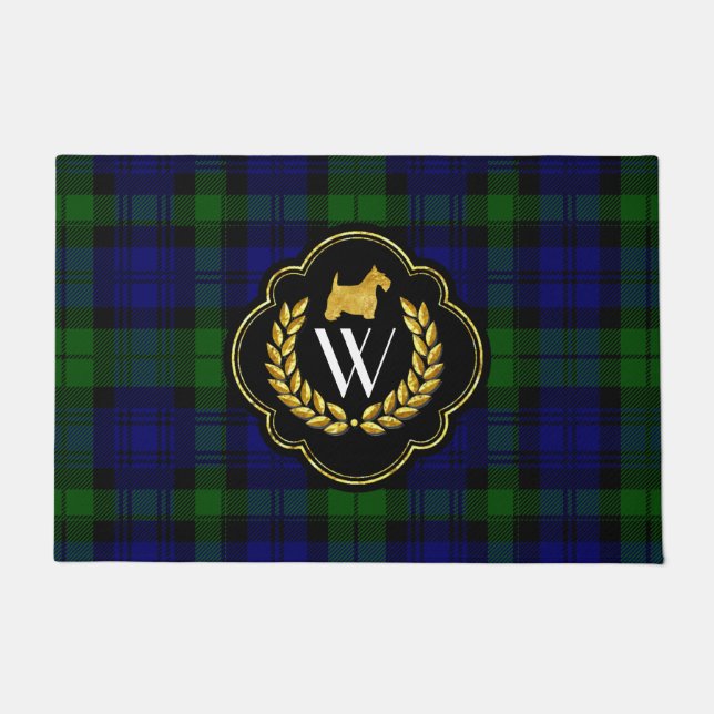 Gold Scottie, Wreath and Monogram Doormat (Front)