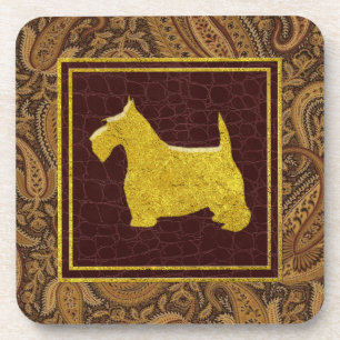 Gold Scottish Terrier Paisley and Leather Patterns Coaster