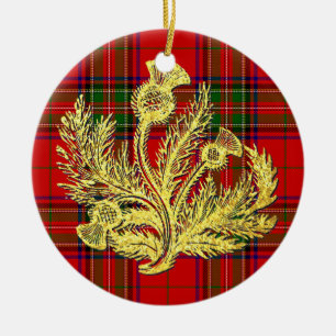 Gold Scottish Thistle on Plaid Ceramic Ornament