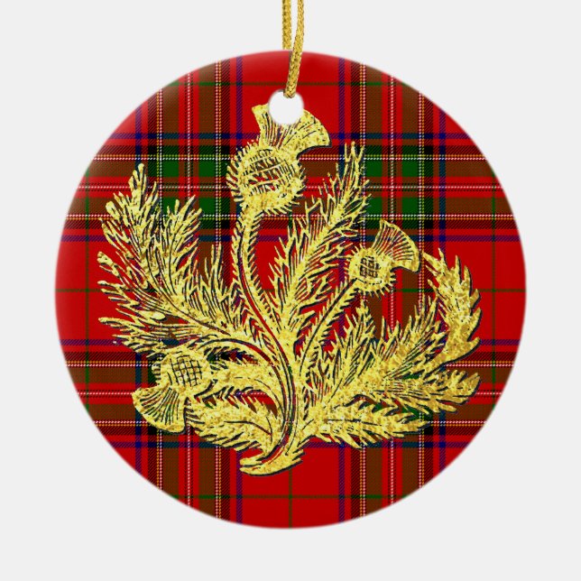 Gold Scottish Thistle on Plaid Ceramic Ornament (Front)