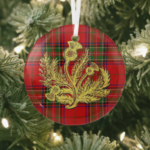 Gold Scottish Thistle on Plaid Glass Ornament