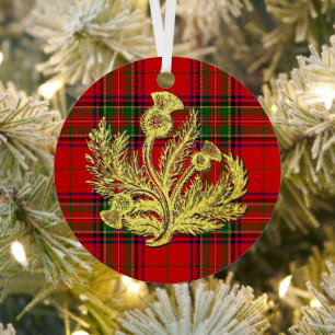 Gold Scottish Thistle on Plaid Metal Ornament