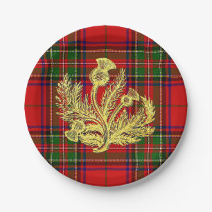 Gold Scottish Thistle on Plaid Paper Plate
