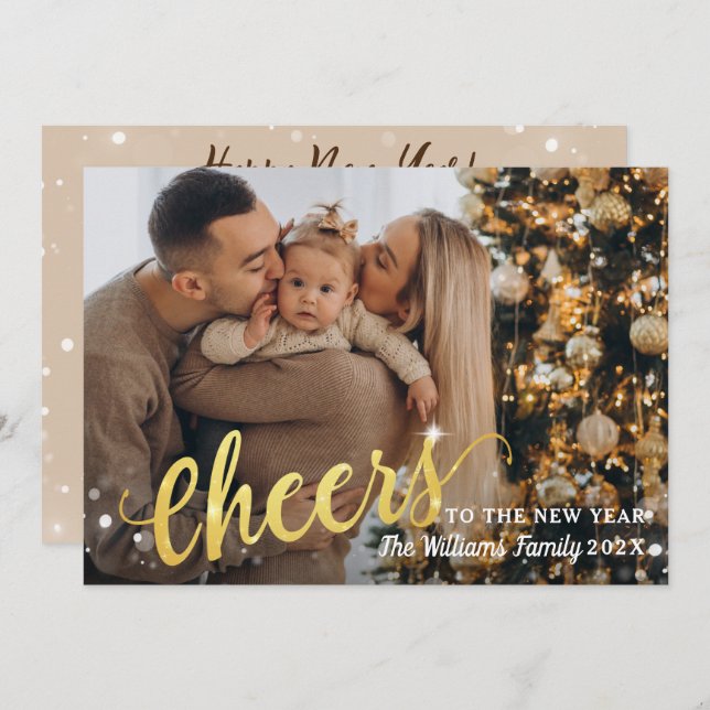 Gold Script 3 Photo Cheers to the New Year Linen Holiday Card (Front/Back)