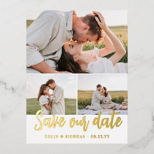 Gold Script 3 Photos Wedding Save Our Date Foil Invitation Postcard