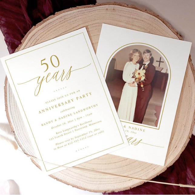 Gold Script 50th Wedding Anniversary Party Invitation (Elegant gold 50th wedding anniversary invitation with modern calligraphy script design)