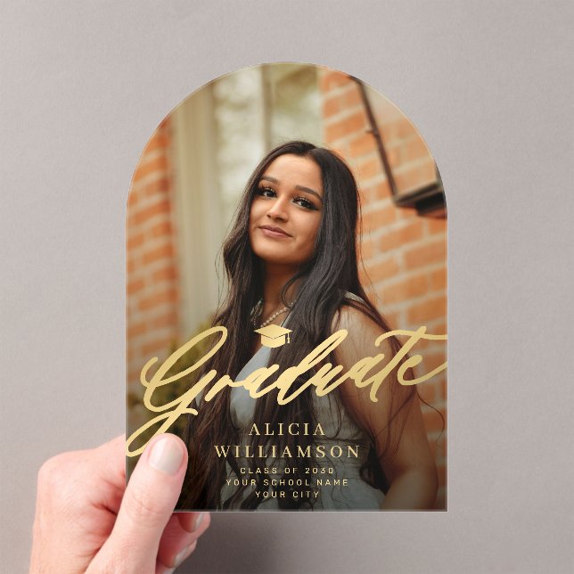 Gold script acrylic photo graduation announcement (Insitu (Handheld))