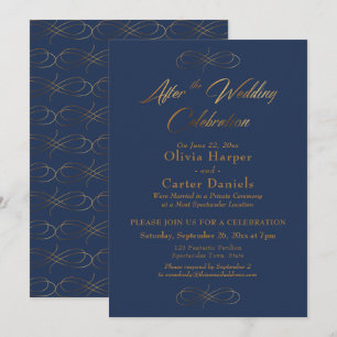 Gold Script After the Wedding Celebration Navy Invitation