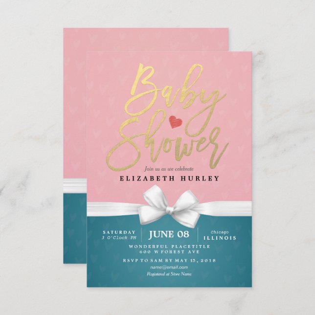 Gold Script and White Ribbon Pink Blue Baby Shower Invitation (Front/Back)