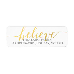Gold Script Believe   Holiday Return Address Label