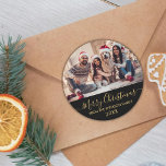 Gold Script Black Family Photo Merry Christmas Classic Round Sticker<br><div class="desc">Elegant Modern Script Black and Gold "Merry Christmas" Calligraphy Family Photo Holiday Large Round Sticker. Great for Mailing Accessories Envelope Seals and Gift Stickers.</div>