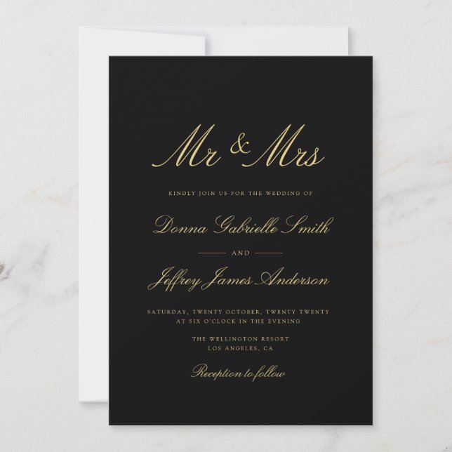 gold script black MR & MRS wedding invitation (Front)