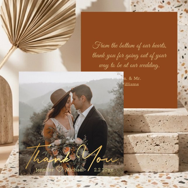 Gold Script Boho Rustic Photo Wedding Thank You Card (Creator Uploaded)