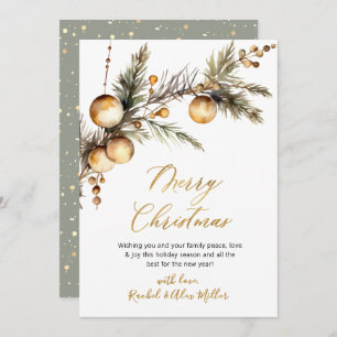 Gold Script Botanical Non Photo Merry Christmas Holiday Card