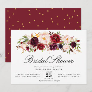 Gold script burgundy blush floral bridal shower invitation
