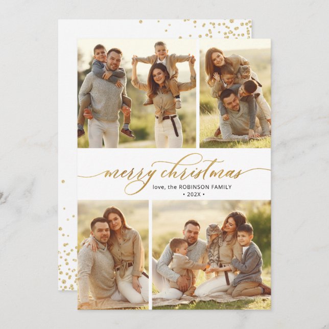 Gold Script Calligraphy 4 Multi Photo Christmas  Holiday Card (Front/Back)