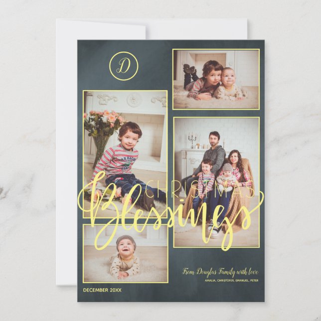 Gold script chalkboard 4 photo collage Christmas Holiday Card (Front)
