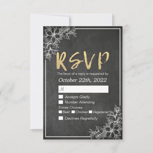 Gold Script Chalkboard Floral Wedding RSVP Réponse (Devant)